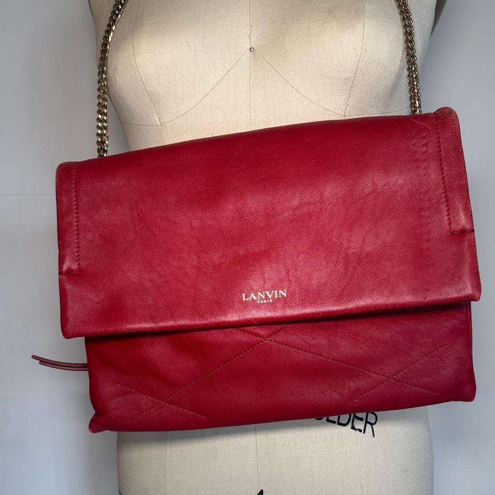 Lanvin Red Lambskin Foldover Chain Shoulder Bag Soft Leather Crossbody